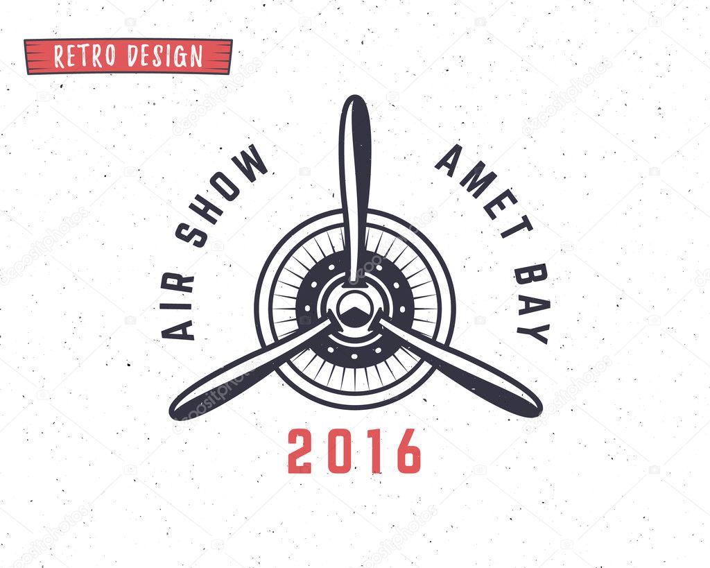 Airplane propeller emblem. Biplane label. Retro Plane badges, design elements. Vintage prints for t shirt. Aviation stamp. Air tour logo. Travel logotype. Isolated on white textured background Vector