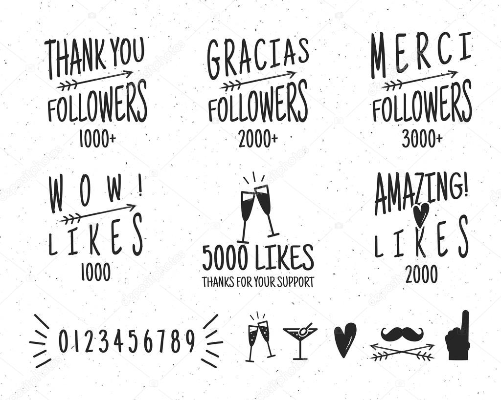 Set of vintage Thanks badges. Social media Followers labels and likes stickers. Handwriting lettering with hipster elements - ribbons, arrows, sunbursts, beard. Vector design on retro background
