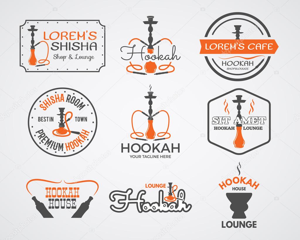 Hookah labels, badges and design elements collection. Vintage shisha logos set. Lounge cafe emblems.  Best for relax Arabian bar or house, shop. Isolated vector illustration.