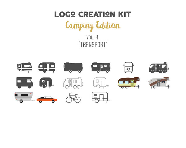 Logo creation kit bundle. Camping Edition set. Transport for travel vector shapes and elements - rv. trailer. Create your own outdoor label, wilderness retro patch, adventure badges, hiking stamps.