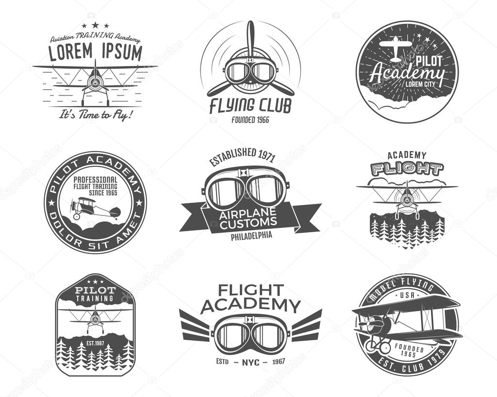 Vintage airplane emblems. Biplane labels. Retro Plane badges, design elements. Aviation stamps collection. Airshow logo and logotype. Fly propeller, goggles, old icon, patches isolated. Vector.
