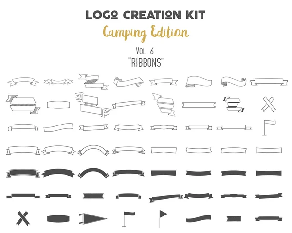 Logo creation kit bundle. Camping Edition set. Ribbons vector shapes and elements Create your own outdoor label, wilderness retro patch, adventure vintage badges, hiking stamps. Check out all volumes — Vector de stock