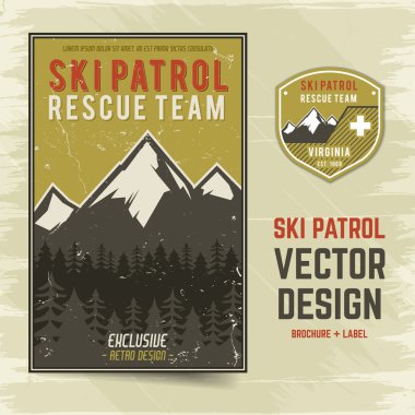 Ski patrol vector brochure and label. The camp concept of flyer for your business, web sites, presentations, advertising. Quality design illustrations, elements. Flat outdoor style Retro Banner design