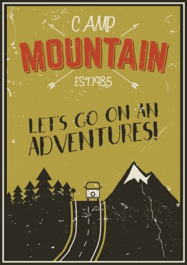 Retro summer or winter holiday poster. Travel and vacation brochure. Camping promotional banner. Vintage RV, mountains, trees, arrows vector design concept, elements. Motivational lettering, sign ads