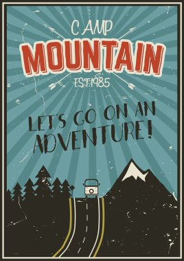 Retro summer or winter holiday poster. Travel and vacation brochure. Camping promo banner. Vintage RV, mountains, trees, arrows vector design concept, elements. Motivational lettering.