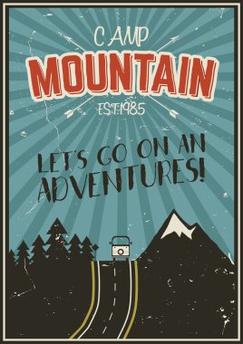 Retro summer or winter holiday poster. Travel and vacation brochure. Camping promo banner. Vintage RV, mountains, trees, arrows vector design concept, elements. Motivational lettering.