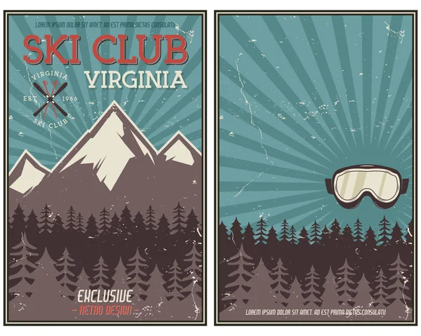 Retro summer or winter holiday poster. Travel and vacation brochure. Camping promotional banner. Vintage goggles, mountains, trees, ski snowboard vector design concept elements. Motivational lettering — Vector de stock