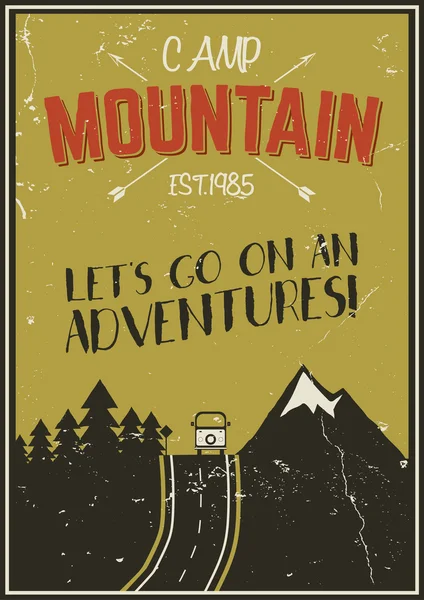 Retro summer or winter holiday poster. Travel and vacation brochure. Camping promotional banner. Vintage RV, mountains, trees, arrows vector design concept, elements. Motivational lettering, sign ads — 图库矢量图片