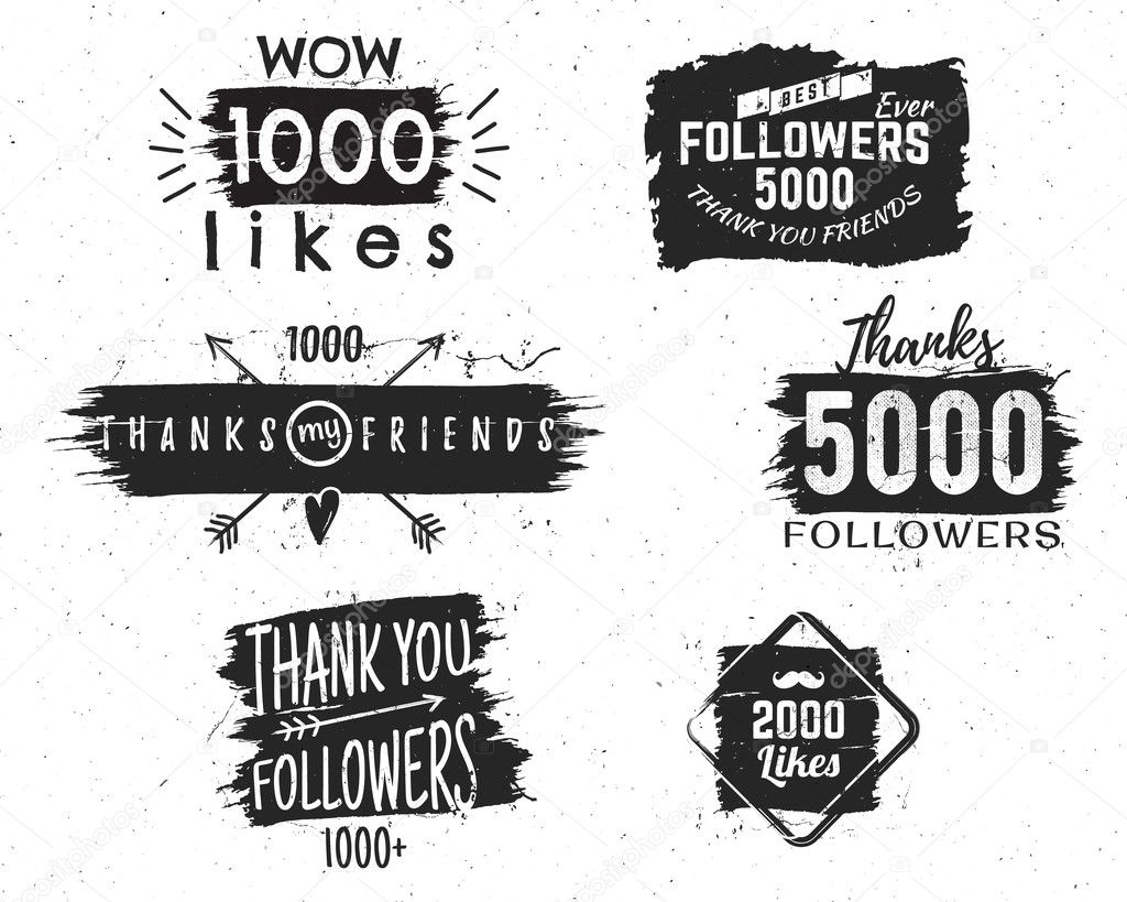 Set of vintage Thank you badges. Social media Followers labels and likes stickers. Handwriting lettering with hipster elements - ribbons, arrow, sunbursts, beard. Vector watercolor, ink splash design