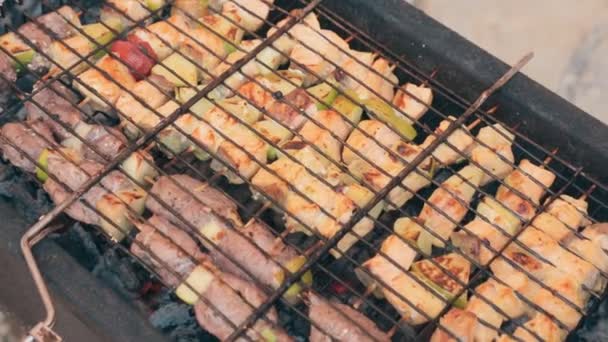 Delicious different kinds of meat with vegetables cooked on smoldering coals on a barbecue outdoors — Stock Footage Delicious different kinds of meat with vegetables cooked on smoldering coals on a barbecue outdoors Video Clip