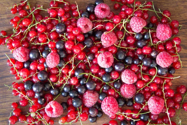 Heap of juicy colorful summer berries. Top view, close up — Stock Photo, Image