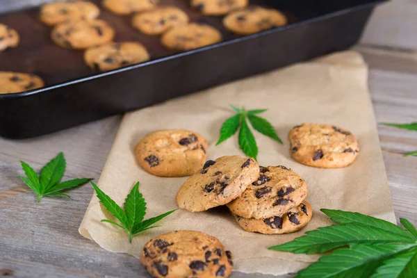 Biscuits Beurre Cannabis Fraîchement Cuits Avec Des Pépites Chocolat Sur — Photo