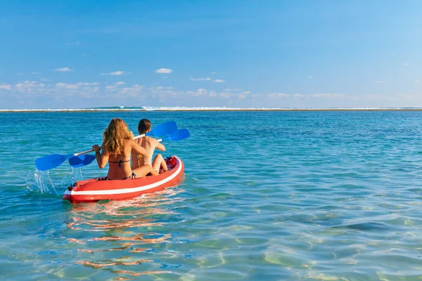 Young Women Have Fun Boat Walk Girls Paddling Kayak Sea — Stock Photo, Image