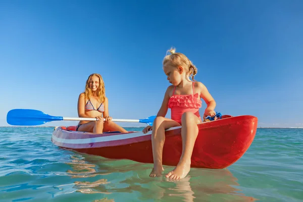 Happy Family Young Mother Children Have Fun Boat Walk Woman — Stock Photo, Image