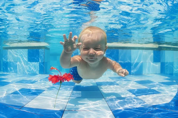 Child swimming underwater for a red flower in the pool — Stock Photo, Image