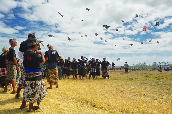 Balinese men looking at group of flying kites — Stockfoto