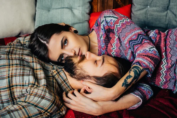 Beautiful modern couple embracing. View from above — Stock Photo, Image