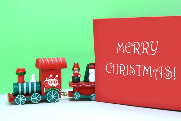 Cartão Natal Papai Noel Trem Brinquedo Madeira Vermelho Com Carruagem — Fotografia de Stock