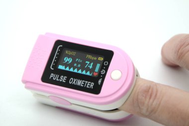 Taşınabilir dijital parmak ucu titreşim oksimetresi, parmak üzerinde LED görüntüsü, nabız hızı ölçümleri ve nabız çubuğu grafiğiyle kan oksijen doygunluğu monitörü SpO2. Viral enfeksiyonlar için doygunluk kontrolü