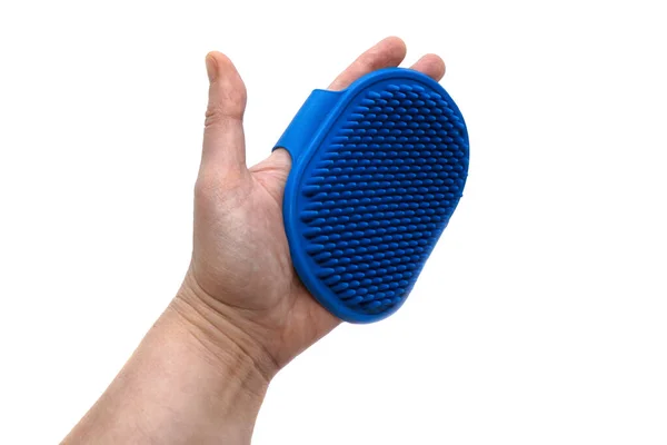 Worn Hand Soft Blue Rubber Massage Brush Animals Pet Care — Stock Photo, Image