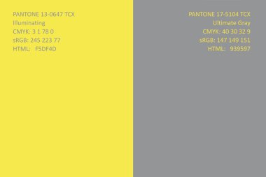 Yılın Rengi 2021 Aydınlatma 13-0647 ve Ultimate Gray 17-5104. Minimalist model. Tasarımcılar için Araçlar.