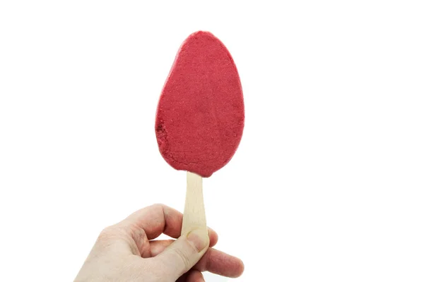 Raspberry Sorbet Wooden Stick Hand Isolated White Background Ice Cream — Fotografia de Stock