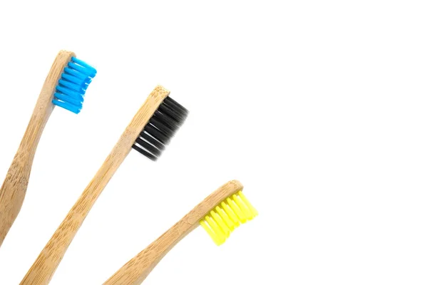 Three Wooden Toothbrushes Multi Colored Natural Bristles Isolated White Background — Stock Photo, Image