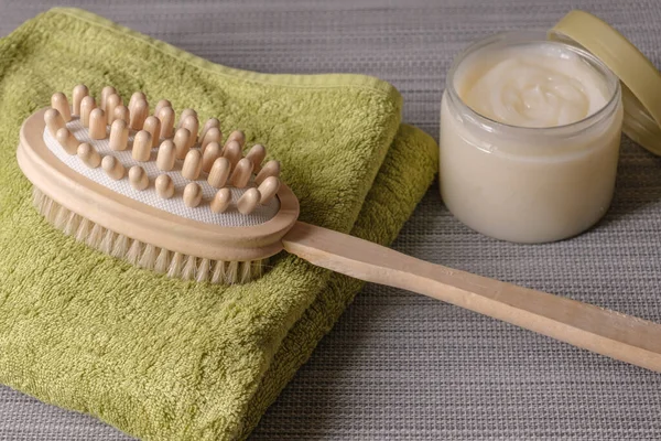 Double Sided Massage Brush Body Brushing Lies Towel Background Body — Stock Photo, Image