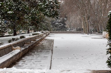 Madrid, İspanya... 9 Ocak 2021 Madrid 'deki Retiro Parkı' nın bahçeleri ve gezinti yerleri karla kaplı. Fırtına Filomena. Madrid 'de büyük kar yağışı