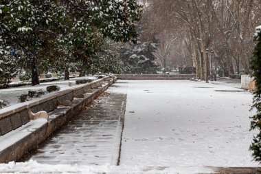 Madrid, Spain- January 9, 2021: Gardens and promenades of the Retiro Park in Madrid covered in snow. Storm Filomena. Great snowfall in Madrid clipart