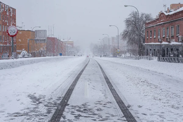 Madrid España Enero 2021 Calles Carreteras Madrid Cubiertas Nieve Tormenta — Foto de Stock