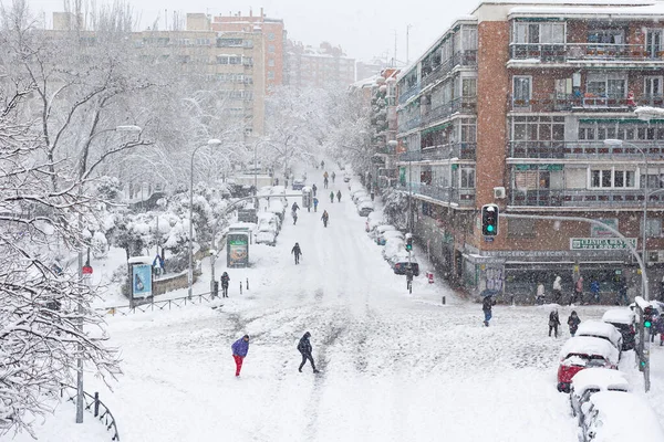Madrid Spain January 2021 Streets Roads Madrid Covered Snow Filomena — Stock Photo, Image