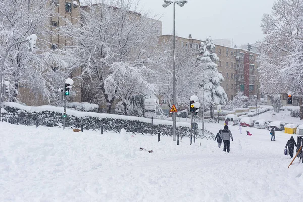 Madrid España Enero 2021 Calles Carreteras Madrid Cubiertas Nieve Tormenta — Foto de Stock