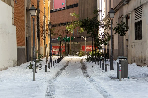 Madrid España Enero 2021 Calles Del Centro Madrid Cubiertas Nieve — Foto de Stock