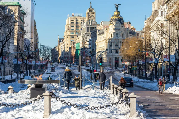 Madrid España Enero 2021 Calle Alcalá Madrid Cubierta Nieve Tormenta — Foto de Stock
