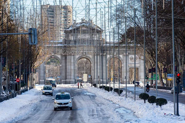 Madrid España Enero 2021 Calle Alcalá Madrid Cubierta Nieve Tormenta — Foto de Stock