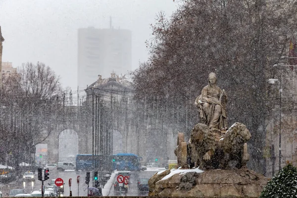 Madrid Spanien Januari 2021 Plaza Cibeles Madrid Täckt Snö Stormfilm — Stockfoto