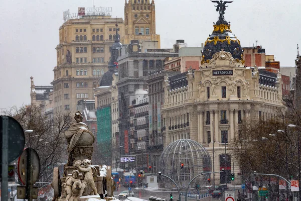 Madri Espanha Janeiro 2021 Plaza Cibeles Madri Coberta Neve Storm — Fotografia de Stock