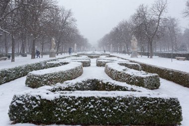 Madrid, İspanya - 9 Ocak 2021 Madrid Parkları kar altında, Fırtına Filomena. Madrid 'de şiddetli kar yağışı var. Kar kaplı arabalar.