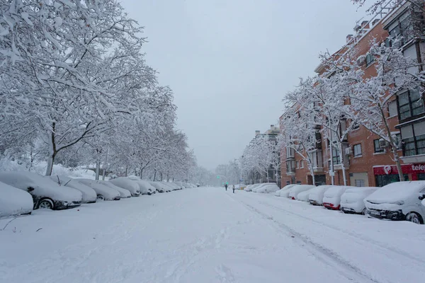 Madrid Spain January 2021 Streets Madrid Blocked Snow Storm Filomena — Stock Photo, Image