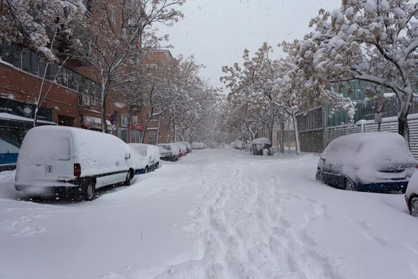 Μαδρίτη Ισπανία Ιανουαρίου 2021 Δρόμοι Της Μαδρίτης Μπλοκαρισμένοι Από Χιόνι — Φωτογραφία Αρχείου