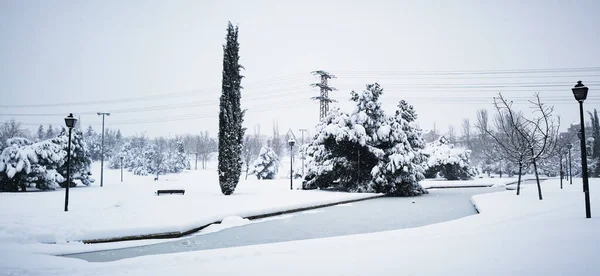 Madrid Spain January 2021 Fountains Ponds Madrid Frozen Snow Storm — Stock Photo, Image