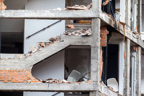 Madrid, Spain- January 21, 2021: Building destroyed by the gas explosion produced in Toledo street in Madrid. Explosion in a building in Madrid. Deterioration of a building after an explosion.