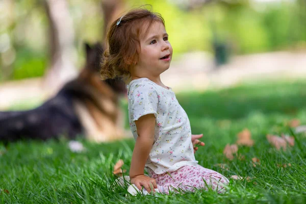 Liten Flicka Som Sitter Gräset Parken Barn Utomhus — Stockfoto