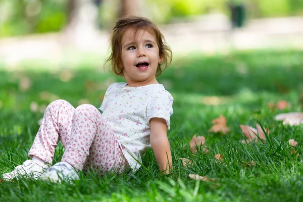 Liten Flicka Som Sitter Gräset Parken Barn Utomhus — Stockfoto