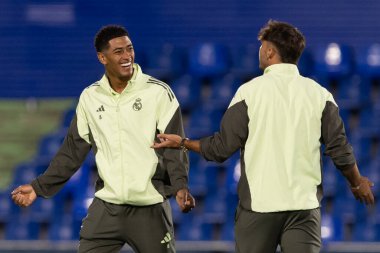 Madrid, İspanya - 19 Ekim 2025: Getafe FC ile Real Madrid arasındaki Liga maçı Getafe 'de oynandı. Maç sırasında Real Madrid oyuncuları. Profesyonel futbol. EA Spor Ligi 2025, 2026.