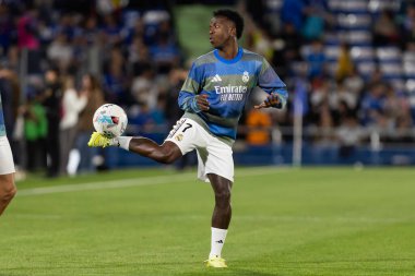 Madrid, İspanya - 19 Ekim 2025: Getafe FC ile Real Madrid arasındaki Liga maçı Getafe 'de oynandı. Maç sırasında Real Madrid oyuncuları. Profesyonel futbol. EA Spor Ligi 2025, 2026.