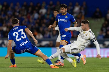 Madrid, İspanya - 19 Ekim 2025: Getafe FC ile Real Madrid arasındaki Liga maçı Getafe 'de oynandı. Maç sırasında Real Madrid oyuncuları. Profesyonel futbol. EA Spor Ligi 2025, 2026.