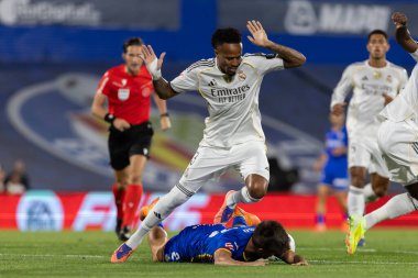 Madrid, İspanya - 19 Ekim 2025: Getafe FC ile Real Madrid arasındaki Liga maçı Getafe 'de oynandı. Maç sırasında Real Madrid oyuncuları. Profesyonel futbol. EA Spor Ligi 2025, 2026.