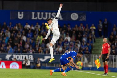 Madrid, İspanya - 19 Ekim 2025: Getafe FC ile Real Madrid arasındaki Liga maçı Getafe 'de oynandı. Maç sırasında Real Madrid oyuncuları. Profesyonel futbol. EA Spor Ligi 2025, 2026.